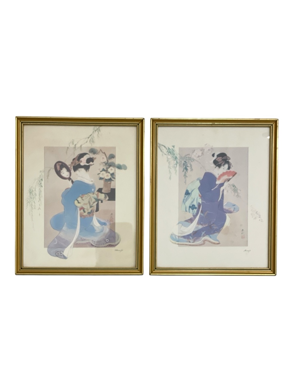 Vintage 90s Haruyo Morita Japanese Geisha Framed Art Prints - Matching Set of 2